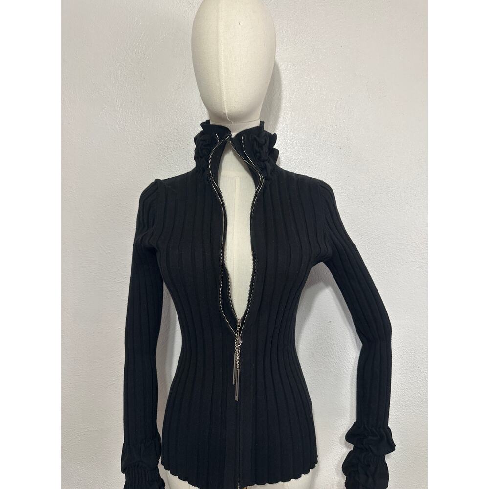 Y2K Belldini Ribbed High Neck Ruffle Penny Lane Cardigan Sweater L Black Trendy - Picture 4 of 15
